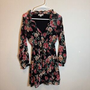 American Eagle XS Floral Print‎ Long Sleeve Ruffle Neck Mini Dress